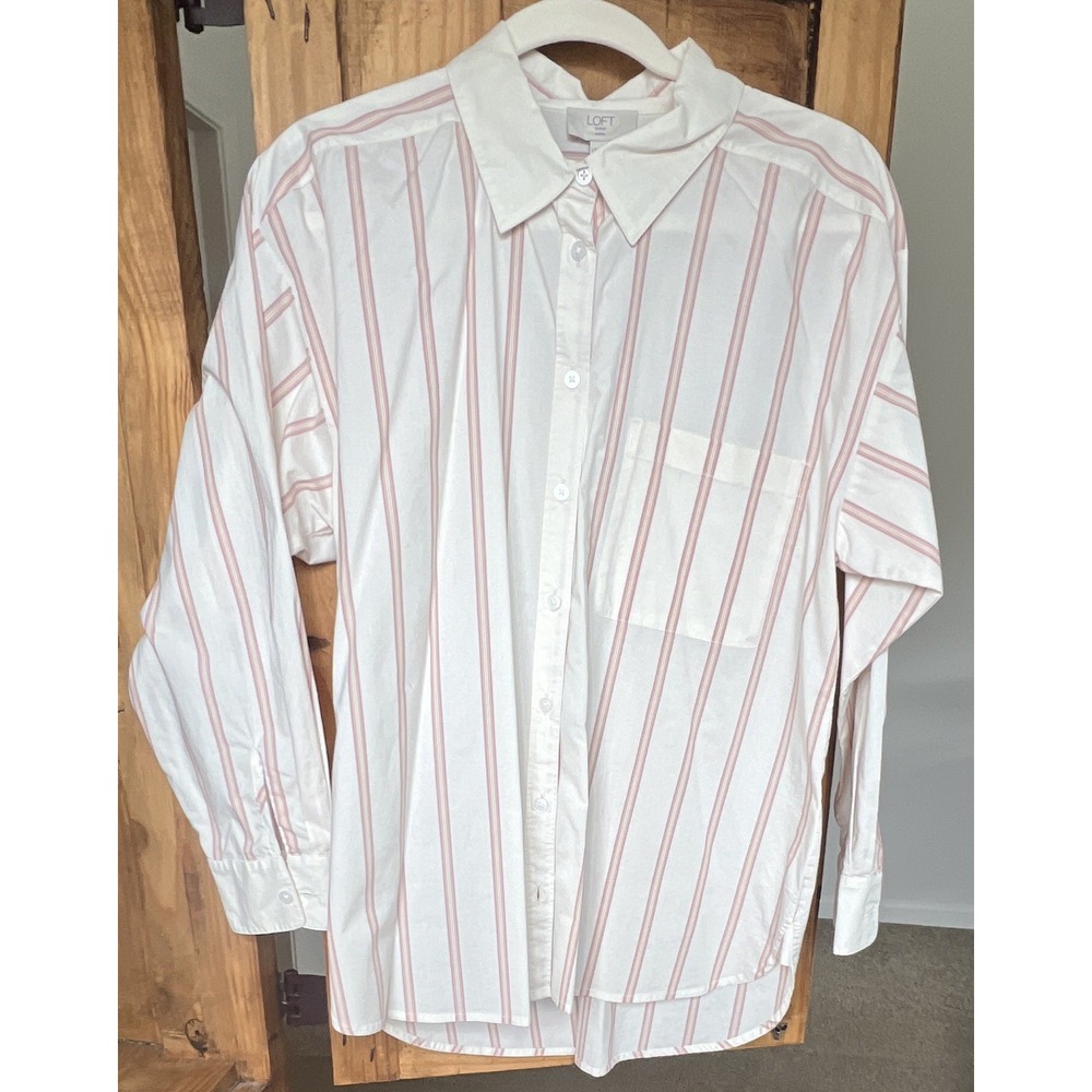 LOFT Outlet Women's Petite PL Striped Woven Collared Button-Up Shirt Cotton